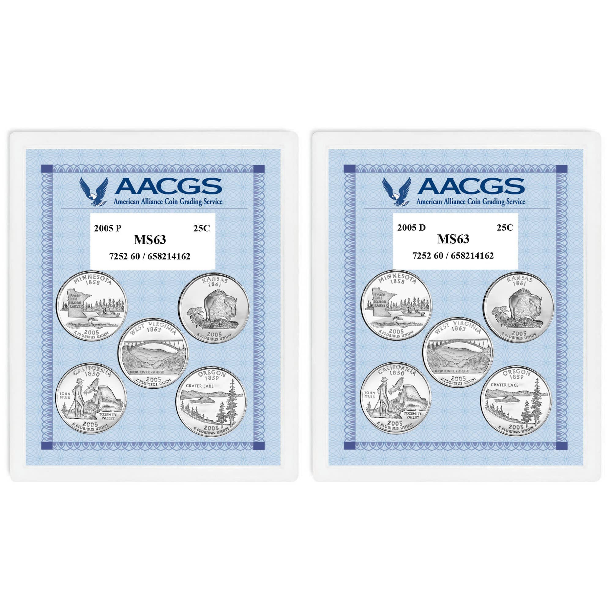 2005P & 2005D Statehood Quarters Graded MS63 Brilliant Uncirculated
